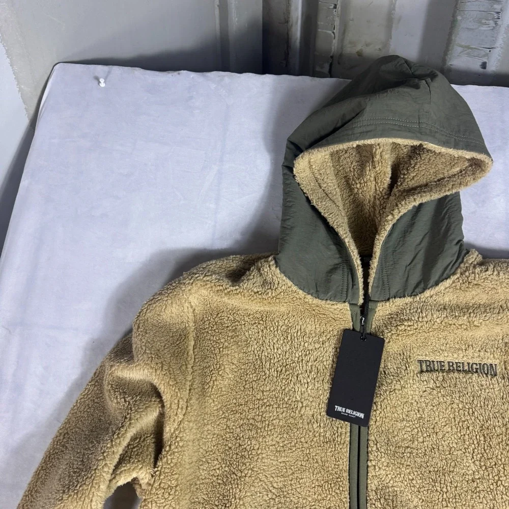 NWT True Religion Mens‎ Contrast Sherpa Hooded Jacket Beige Soft Cozy Winter L